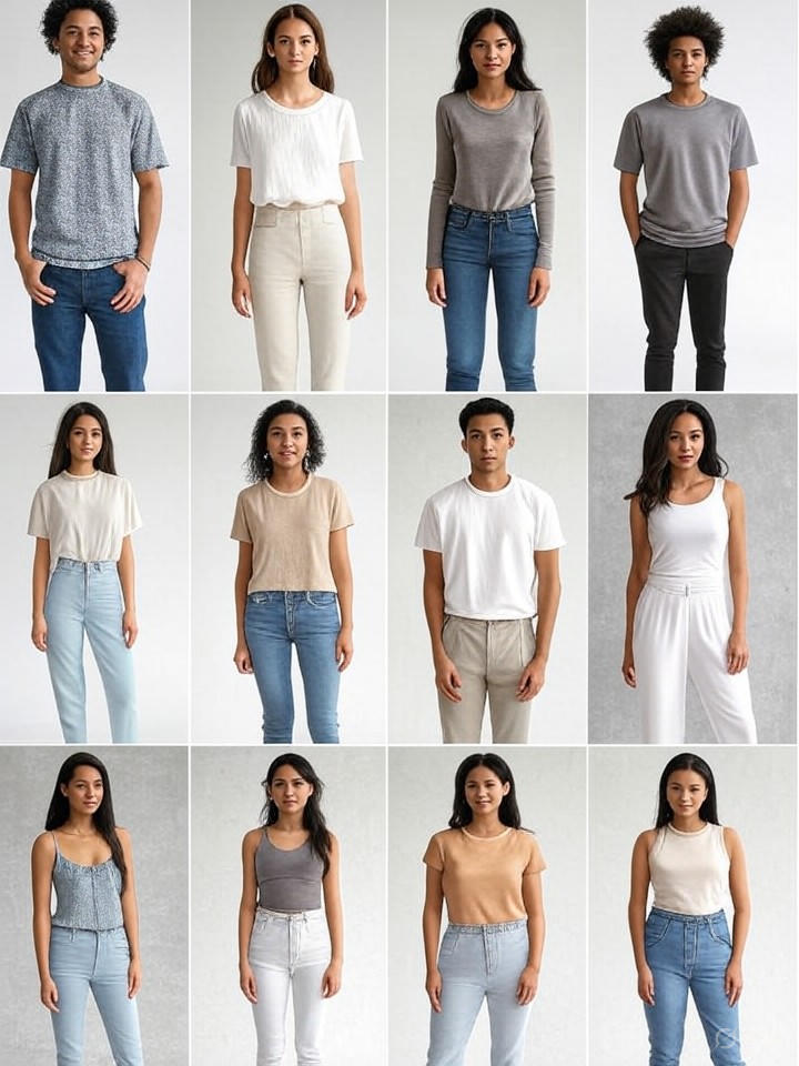 AI-generated on-model product grid showing multiple poses, body types, and backdrops